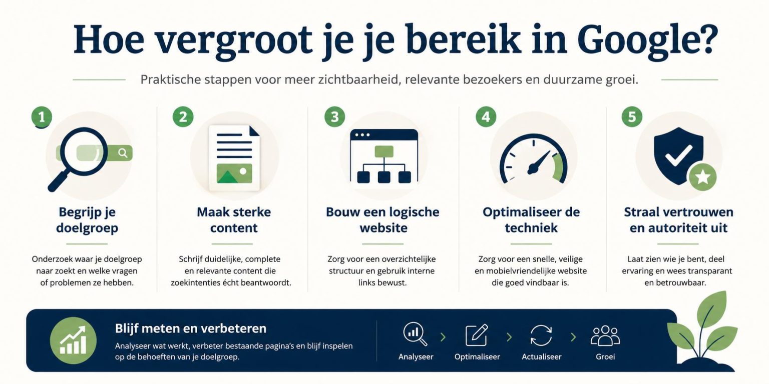 Visueel overzicht van stappen om bereik in Google te vergroten met aandacht voor content, techniek en structuur