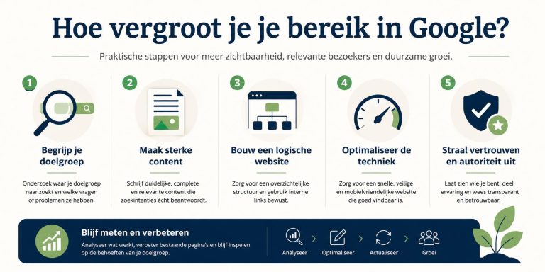 Home Visueel overzicht van stappen om bereik in Google te vergroten met aandacht voor content, techniek en structuur